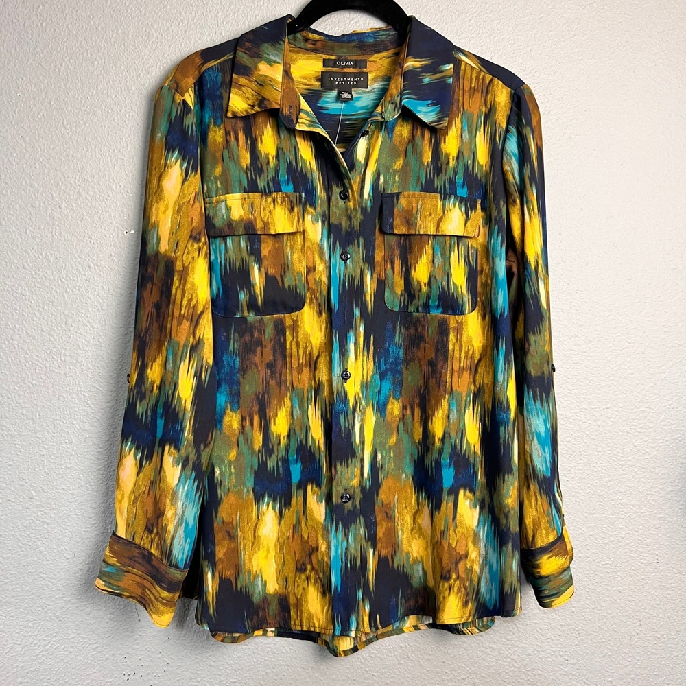 Investments P/Med Olivia Abstract Artsy Brushstroke Button Down Top Gold Teal